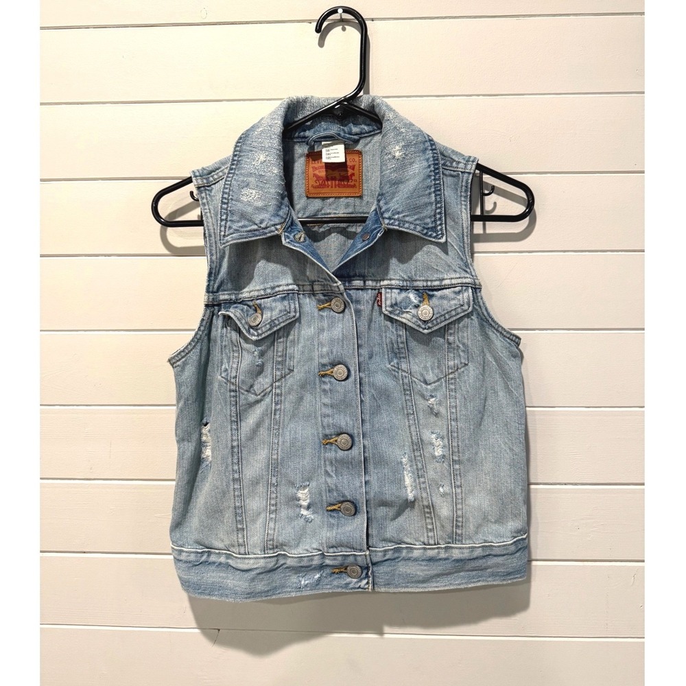 Levi's Distressed Denim Vest Light Wash‎ Blue Trucker Style Small